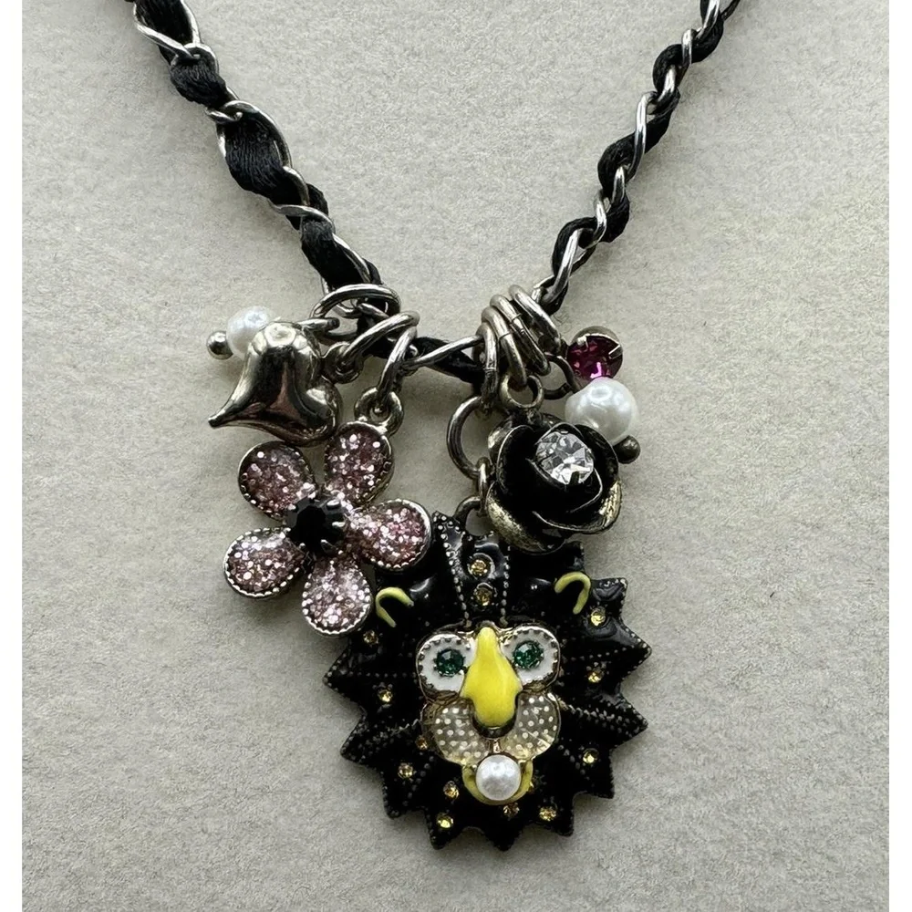 Betsey Johnson Lion Rhinestone Pearl Floral Silver‎ Tone Woven Necklace 15-18